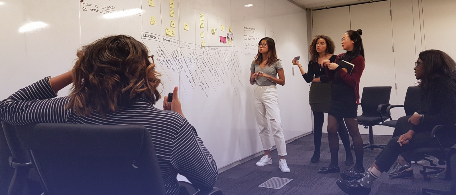 Alyssa, Nadia, June, and Feyi practicing facilitation during a discovery session with stakeholders.