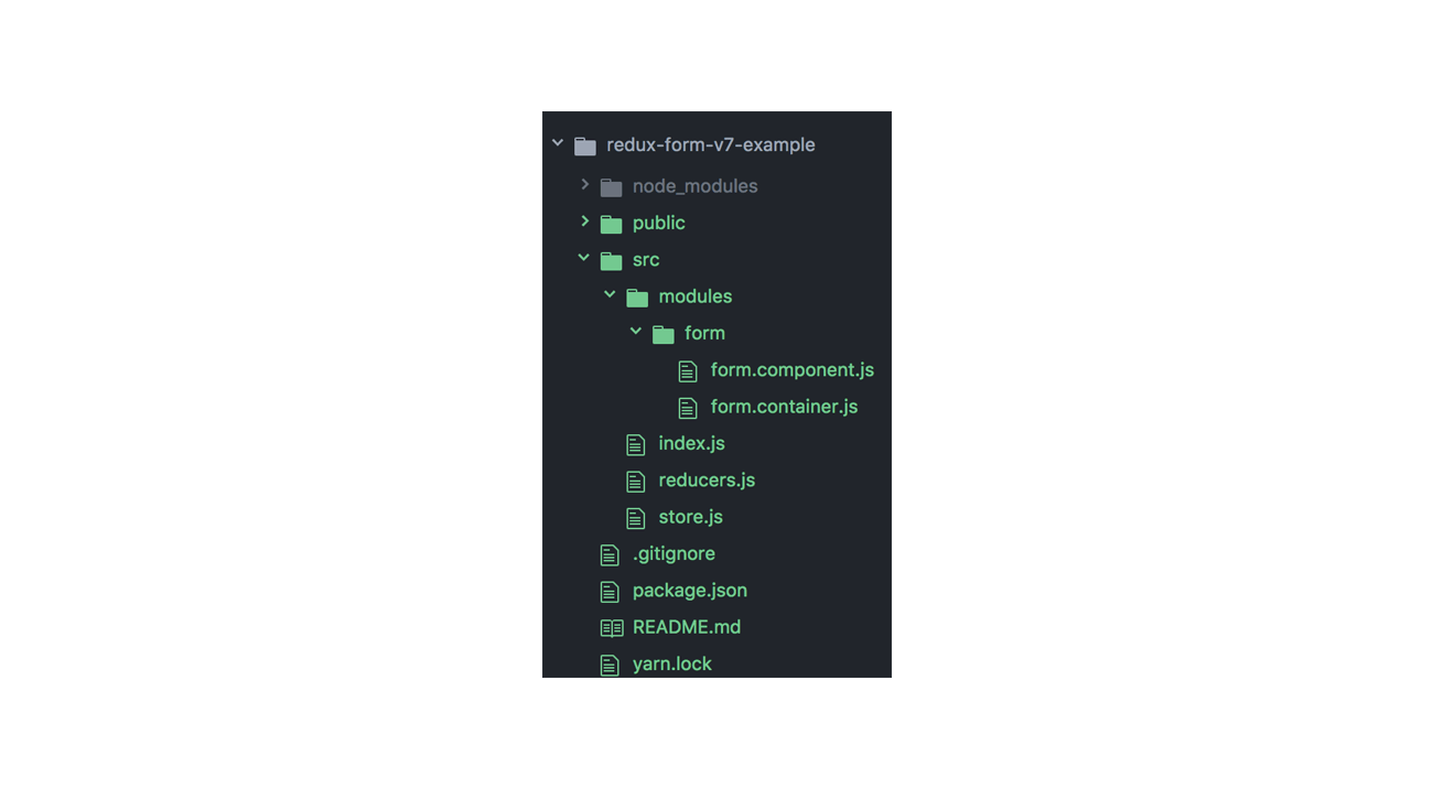src/modules/form | index.js, reducers.js and store.js in modules.| form.component.js and form.container.js in form