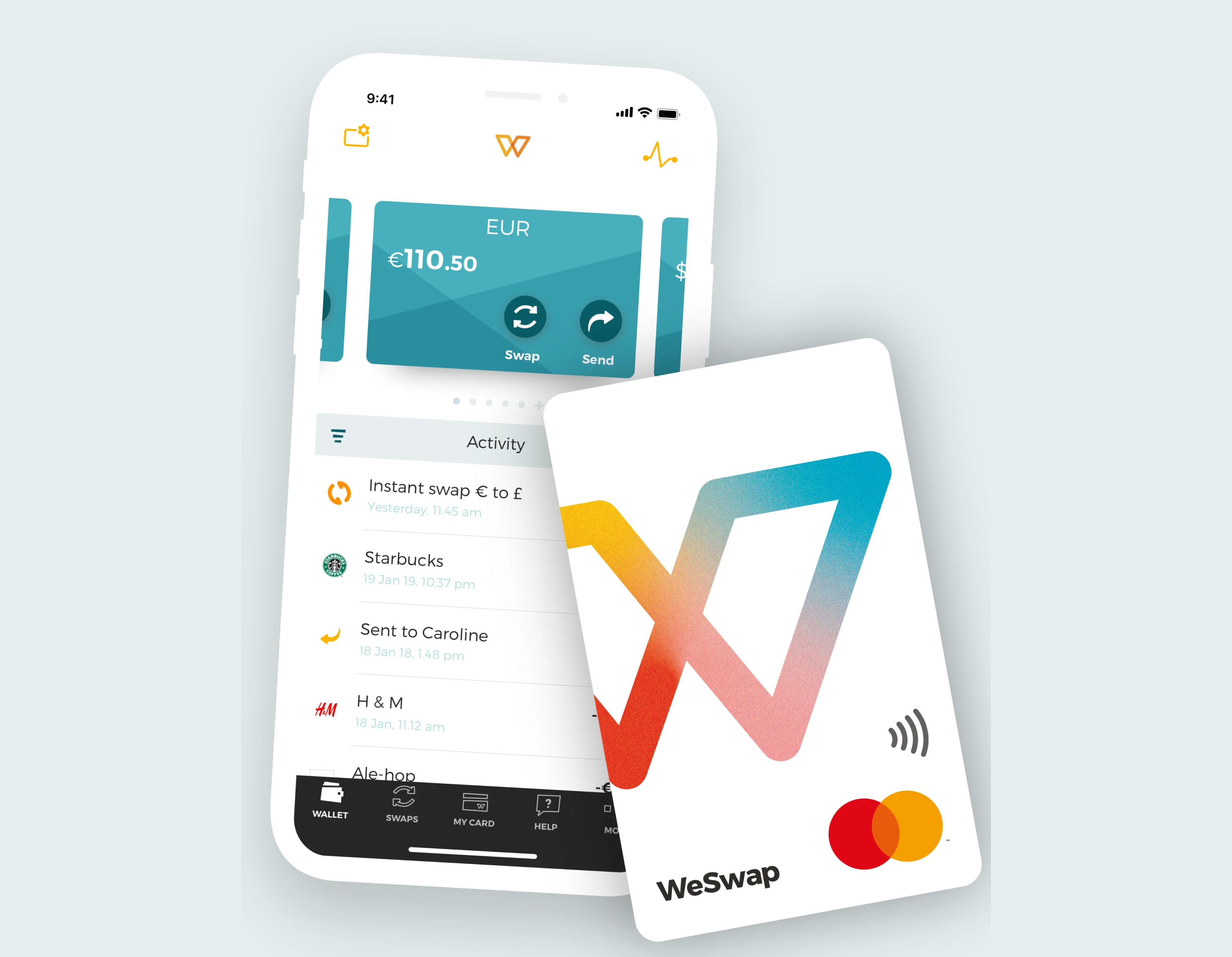 weswap mastercard and finance app on a phone
