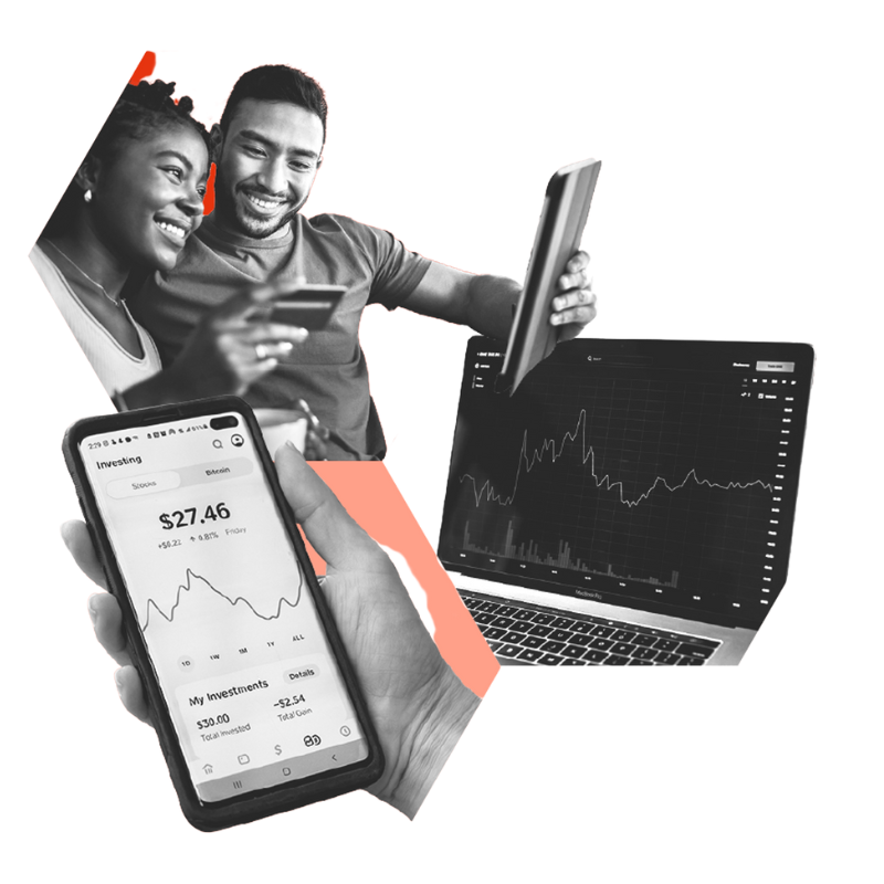 People looking at a financial services apps on a phone. Collage.
