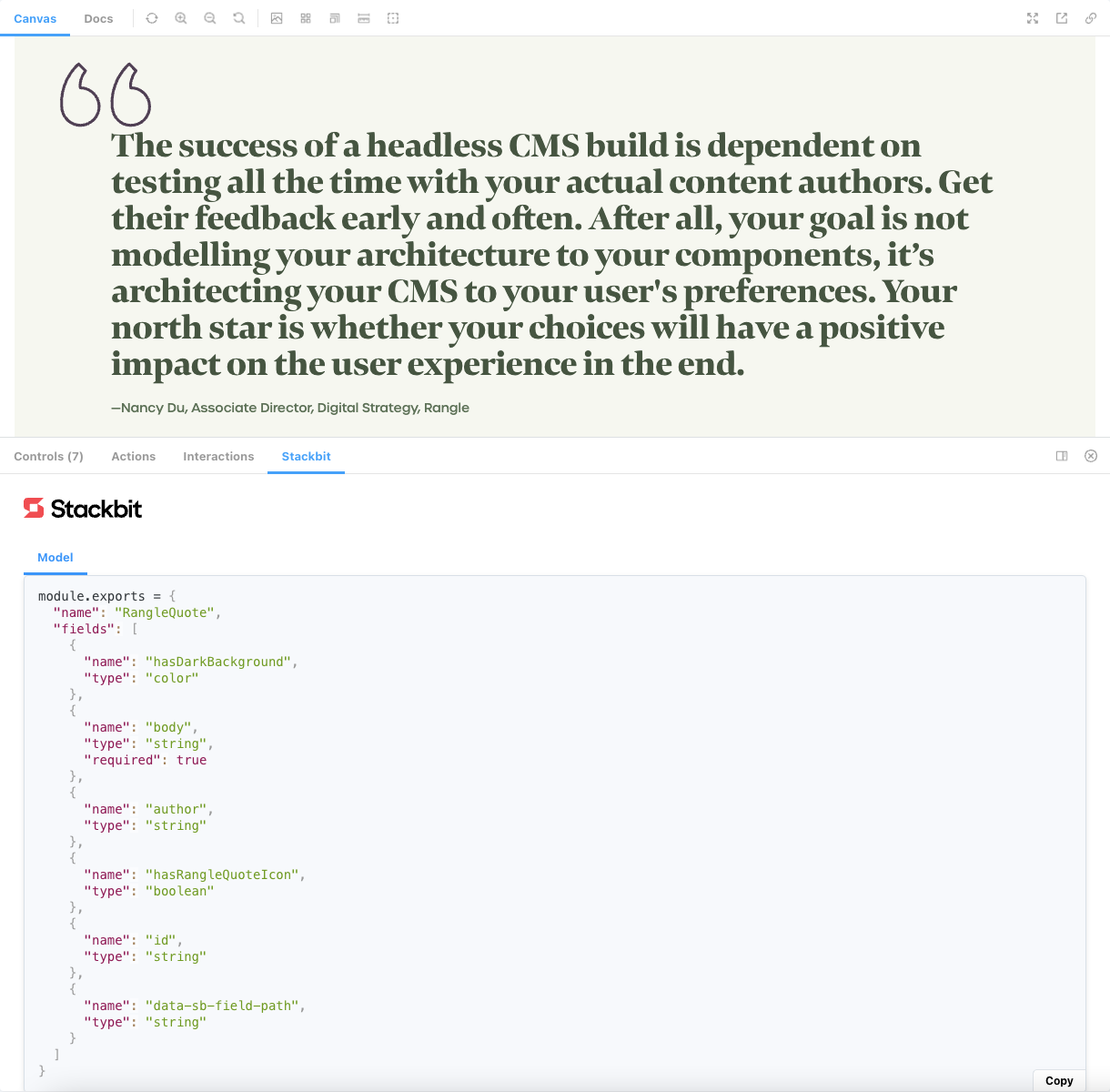Stackbit storybook plugin showing proposed content model for Quote component