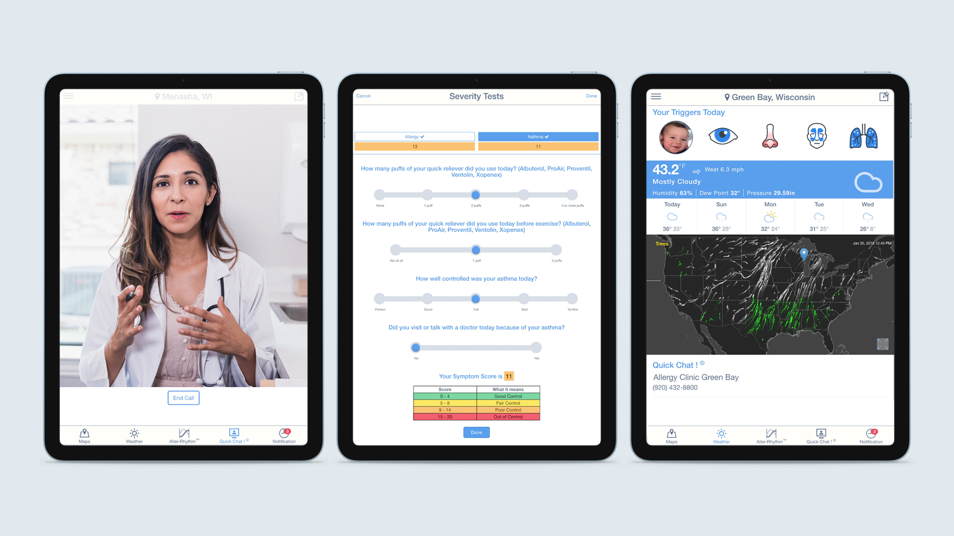 Quick chat, symptom severity test, and weather notifications app shown across three tablets