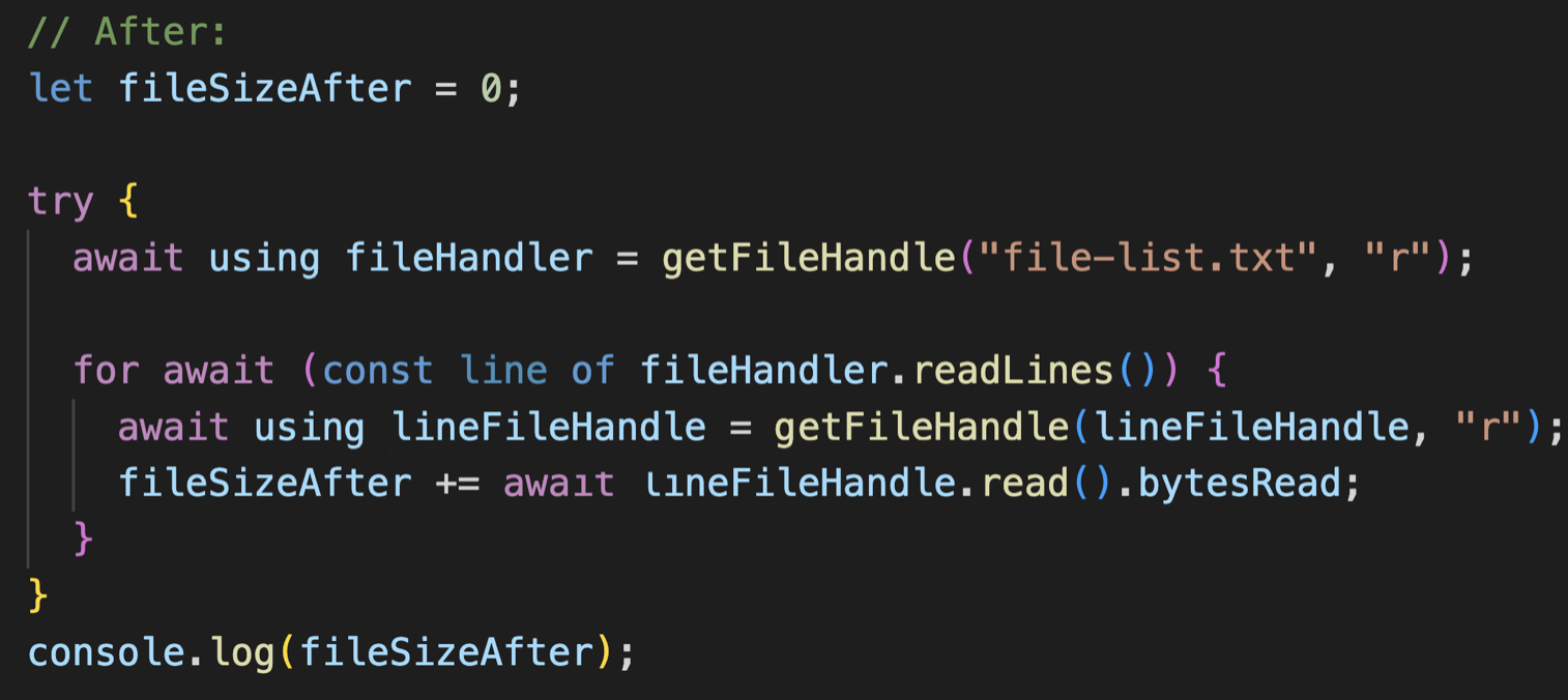 code snippet showing how to handle closing resources after version 5.2 with the 'using' keyword