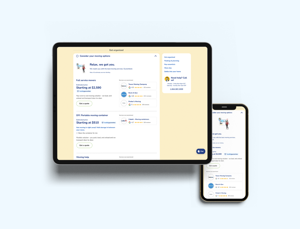 Instantly produced estimated quotes for different types of moving and storage solutions