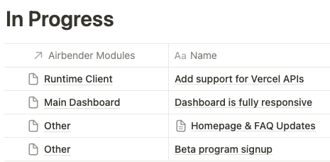 notion board showing work in progress