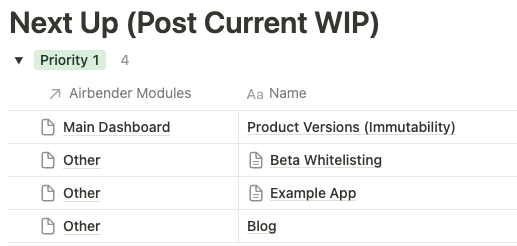 notion board showing next up features