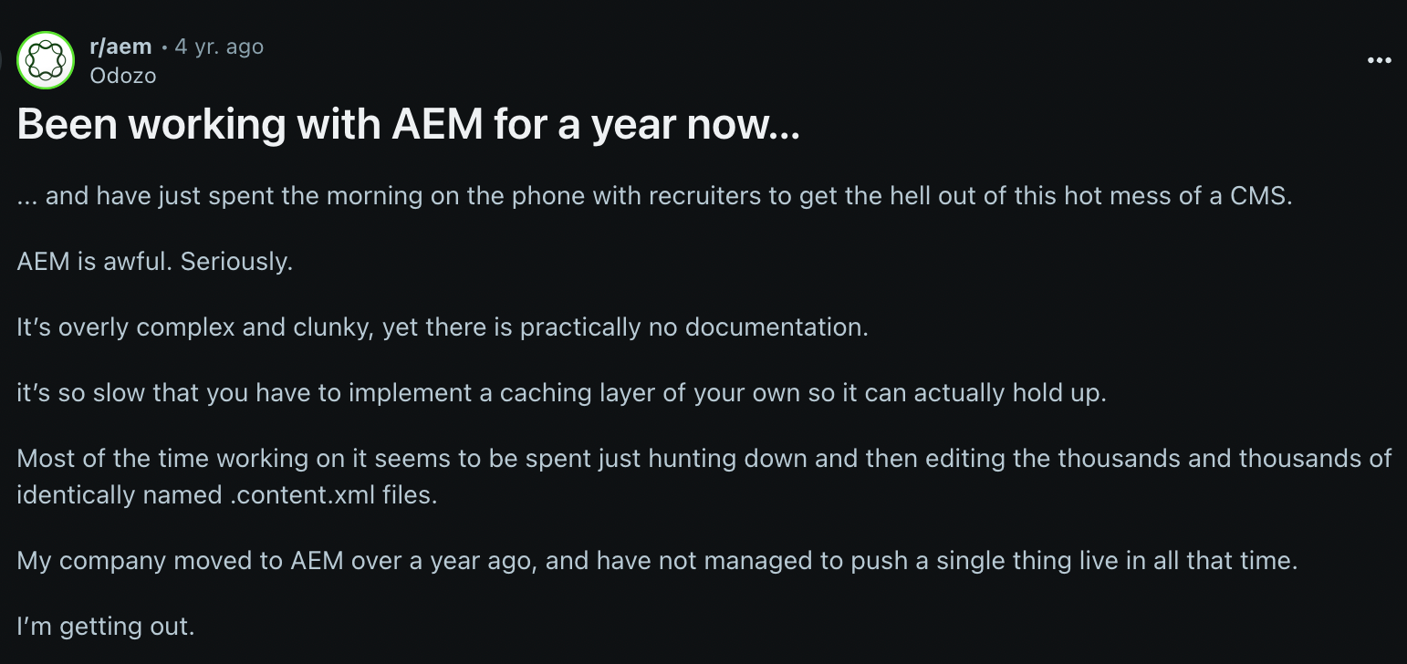 reddit post about what a mess AEM is
