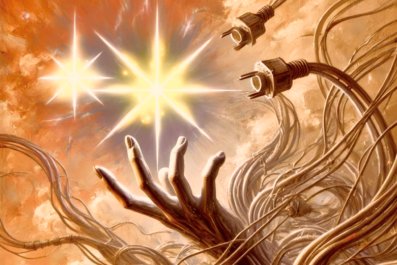 A robotic hand entangled in cables reaches towards two glowing stars, symbolizing connection and energy amidst a chaotic, technological background.