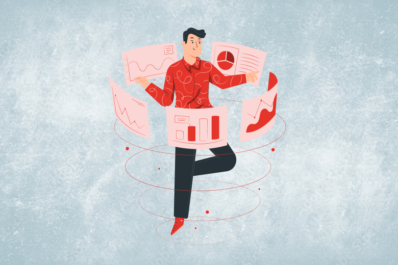 Illustration of a person surrounded by floating charts and graphs, symbolizing analysis.