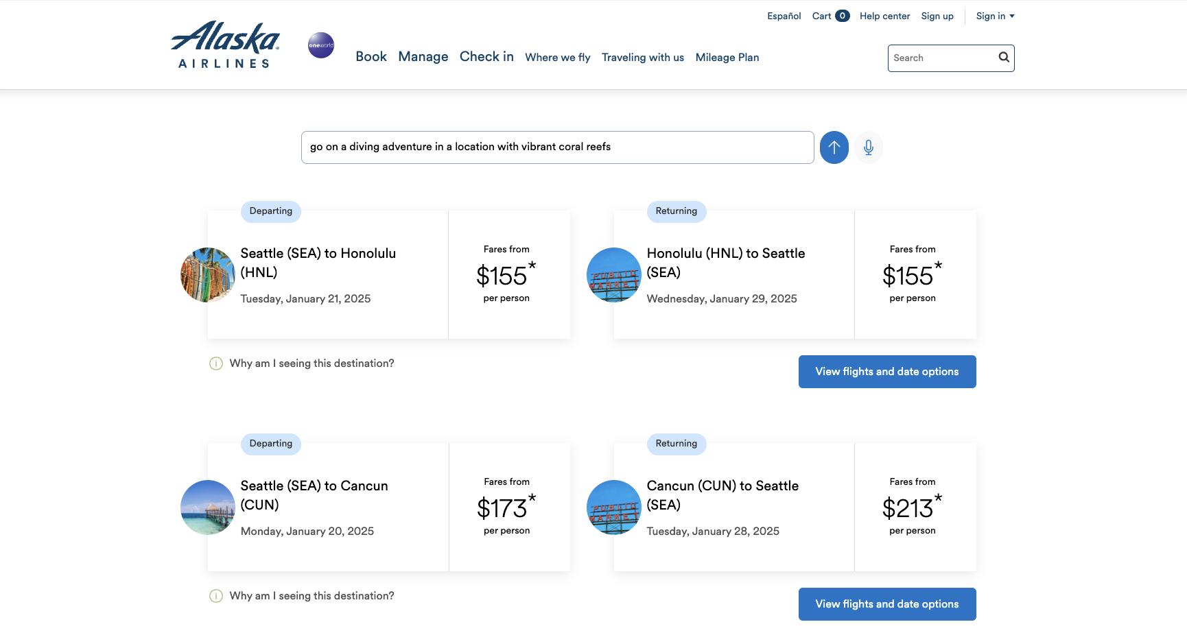 Alaska Airlines flight search results page showing destinations for a query about diving adventures with vibrant coral reefs. Two departing options are displayed: Seattle (SEA) to Honolulu (HNL) starting at $155 and Seattle (SEA) to Cancun (CUN) starting at $173, each paired with return options and fare details. Buttons to view flights and date options are included.