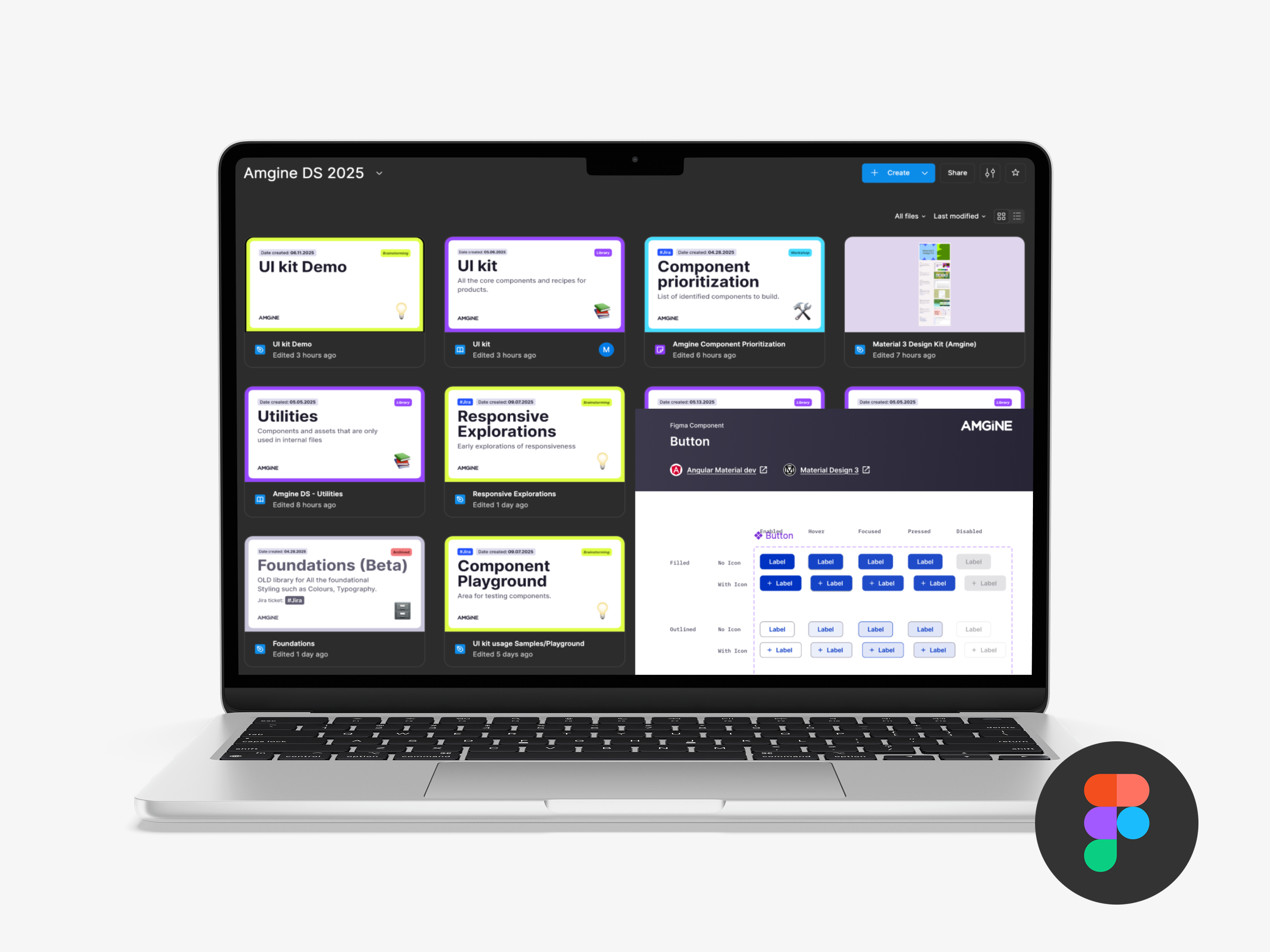 Laptop screen displaying the Amgine DS 2025 design system workspace in Figma.