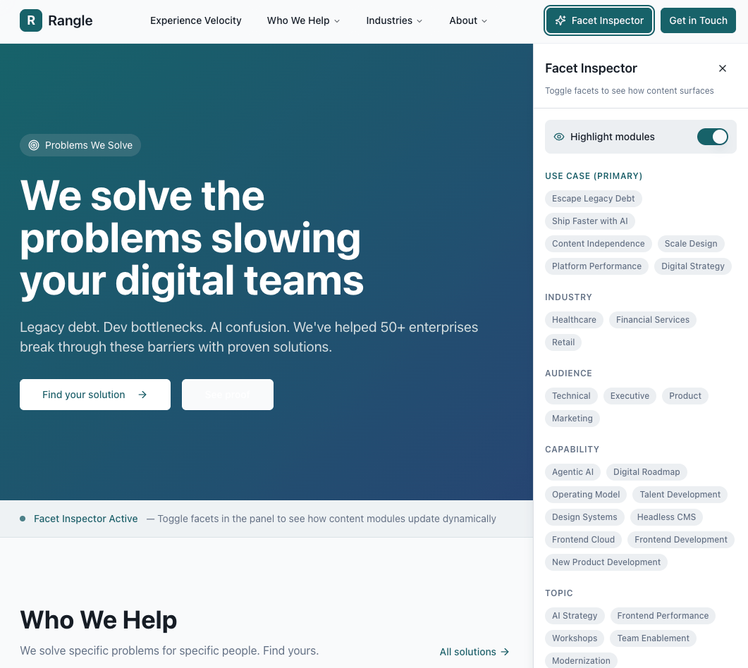 An early iteration of the rangle.io homepage with a Facet Inspector panel open, showing draft use cases, industries, audiences, capabilities, and topics