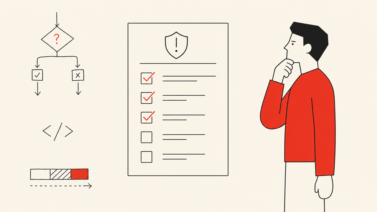 A flat editorial illustration on a cream field: a person in a red sweater considers a compliance checklist with several items checked, beside a decision-gate flowchart and a risk-tier bar.