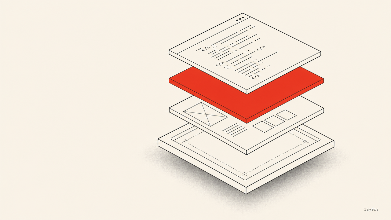 An isometric exploded view of a design canvas on a cream field: a base frame with UI wireframes and stacked layers lifting apart above it, one layer in Rangle red-orange, suggesting a design file decomposed into structured layers.