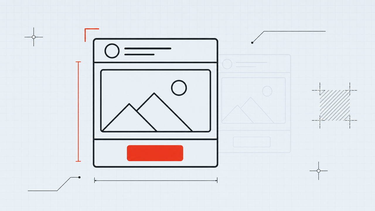 A bold blueprint of a single UI card component on pale-blue graph paper, with abstract charcoal dimension lines and one red-orange accent, and a faint ghosted version behind it, suggesting an implicit design system being made explicit and machine-readable.