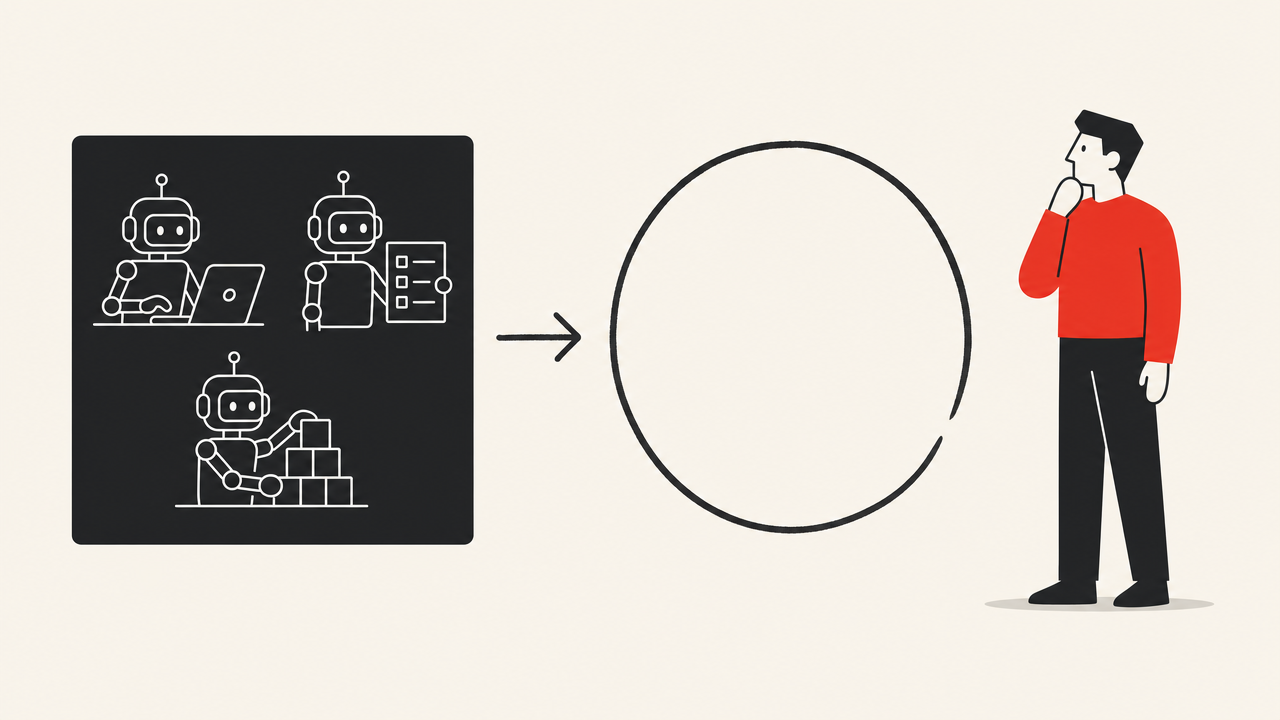 Flat editorial illustration on a cream background: a dark square holding three small robots at work connects by an arrow to a soft, open hand-drawn circle, while a developer in a red sweater stands to the right with a hand on their chin, studying the circle.