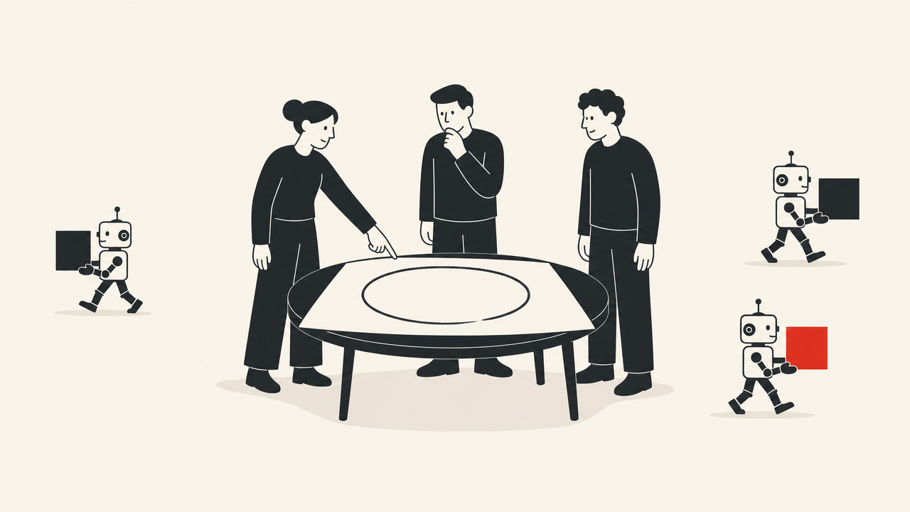 Flat editorial illustration of three people gathered around a round table with a large hand-drawn circle on its surface, one pointing at the circle in discussion, while three small robots walk away from the table in different directions, each carrying a dark square, one of them red.