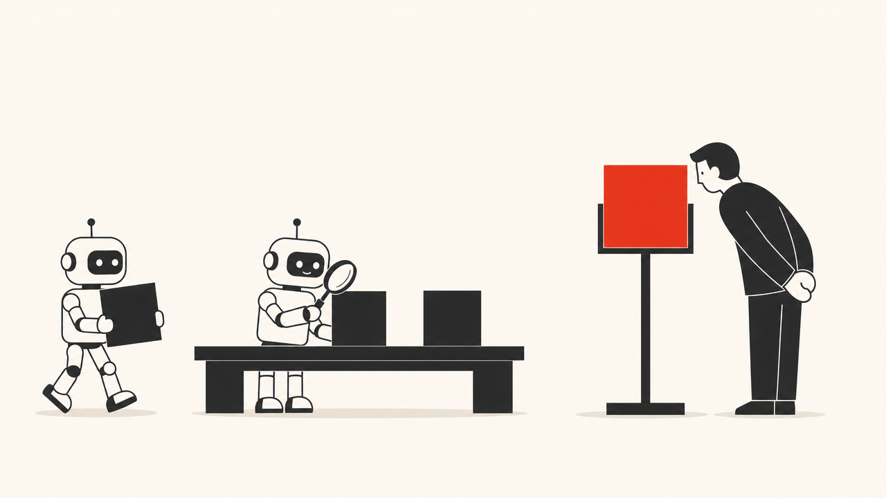 Flat editorial illustration of a quality inspection line. A robot carries a dark square toward a workbench where another robot examines squares with a magnifying glass, while a person leans in closely, hands clasped behind their back, studying a red square displayed on a stand.