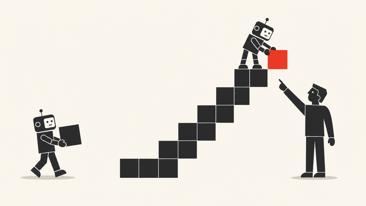 Flat editorial illustration of a staircase built from identical dark squares rising to the right. A robot at the top places a red square as the next step, another robot approaches carrying the following square, and a person on the ground points at the newest step.
