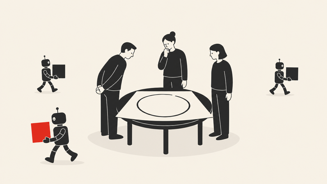 Flat editorial illustration of three people gathered around a round table, studying a large hand-drawn circle on its surface: one leans in with hands clasped behind their back, one rests a hand on their chin in thought. Around them, three small robots walk away at different distances, each carrying a dark square, one of them red.