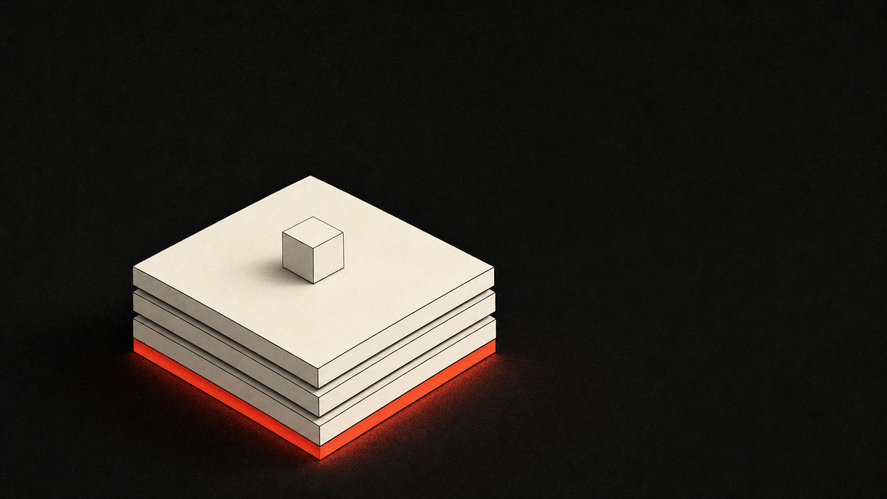 Isometric illustration of a layered platform on a dark field with its base layer glowing red, representing a sovereign AI infrastructure stack an organization owns.