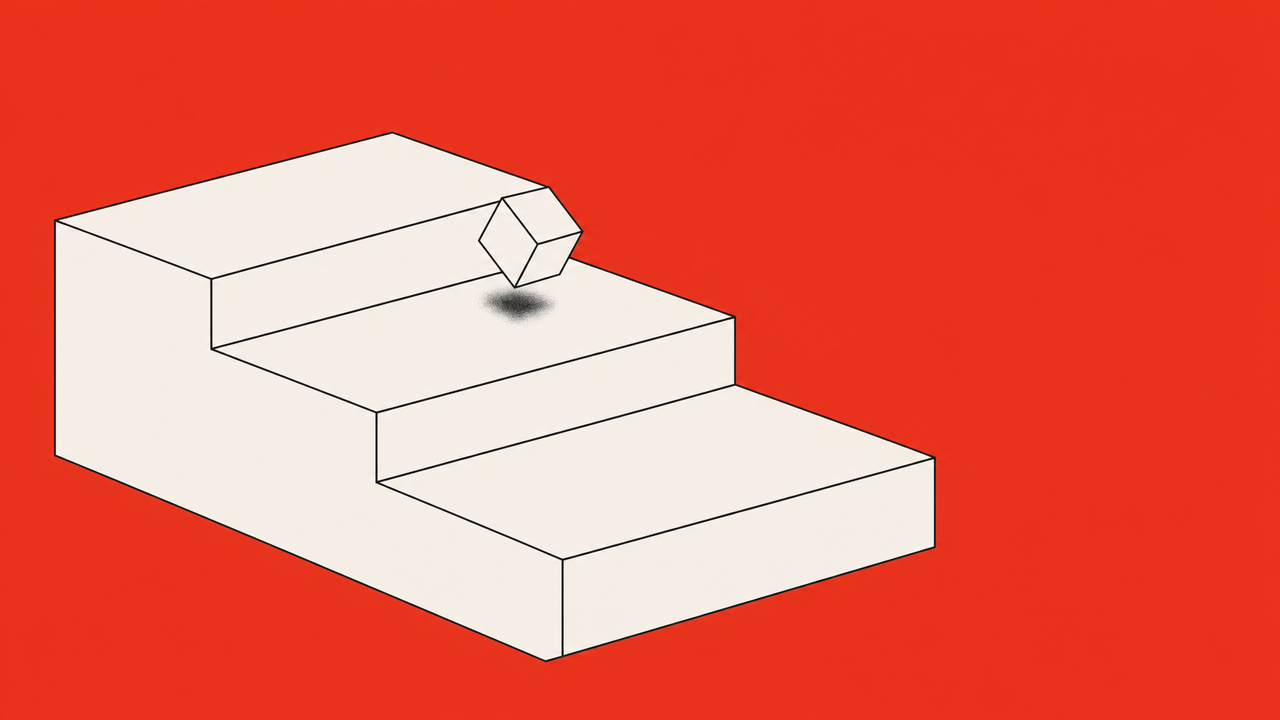 Isometric illustration of a small cube descending a three-step staircase on a coral background, representing AI tasks migrating down to lower-cost tiers.