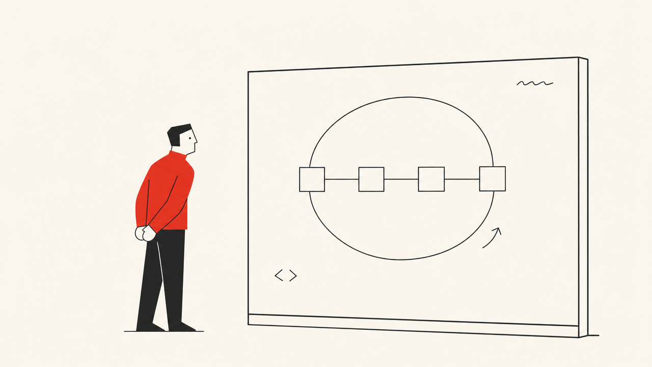 Flat editorial illustration on a warm off-white field: a figure in a red sweater, hands clasped behind their back, studies a wall panel where a straight chain of four squares is redrawn into a closed loop.