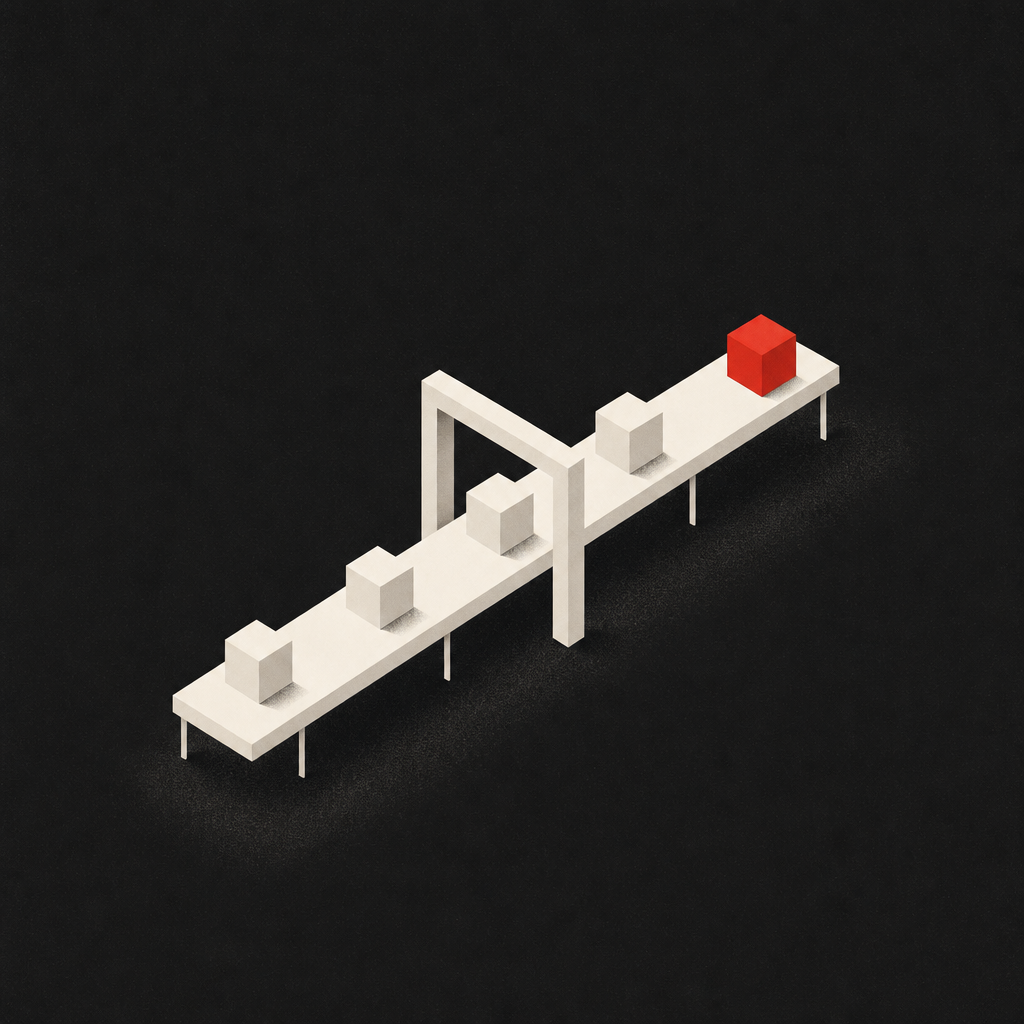 An isometric assembly line carrying modular blocks, the finished block in Rangle red