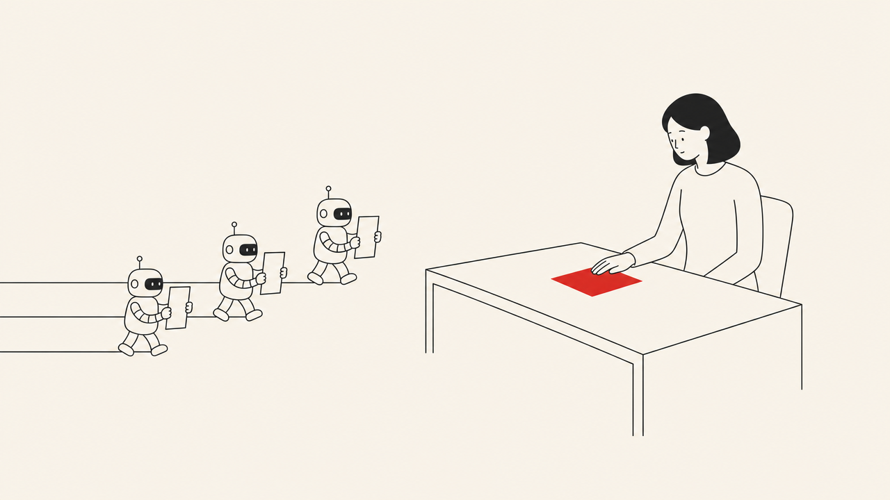 Flat editorial illustration on a warm off-white field: a person releases a single red flag toward a horizontal track that runs through a magnifying glass, a document and a gear before reaching a checked box, with a small dark marker travelling the track on its own.
