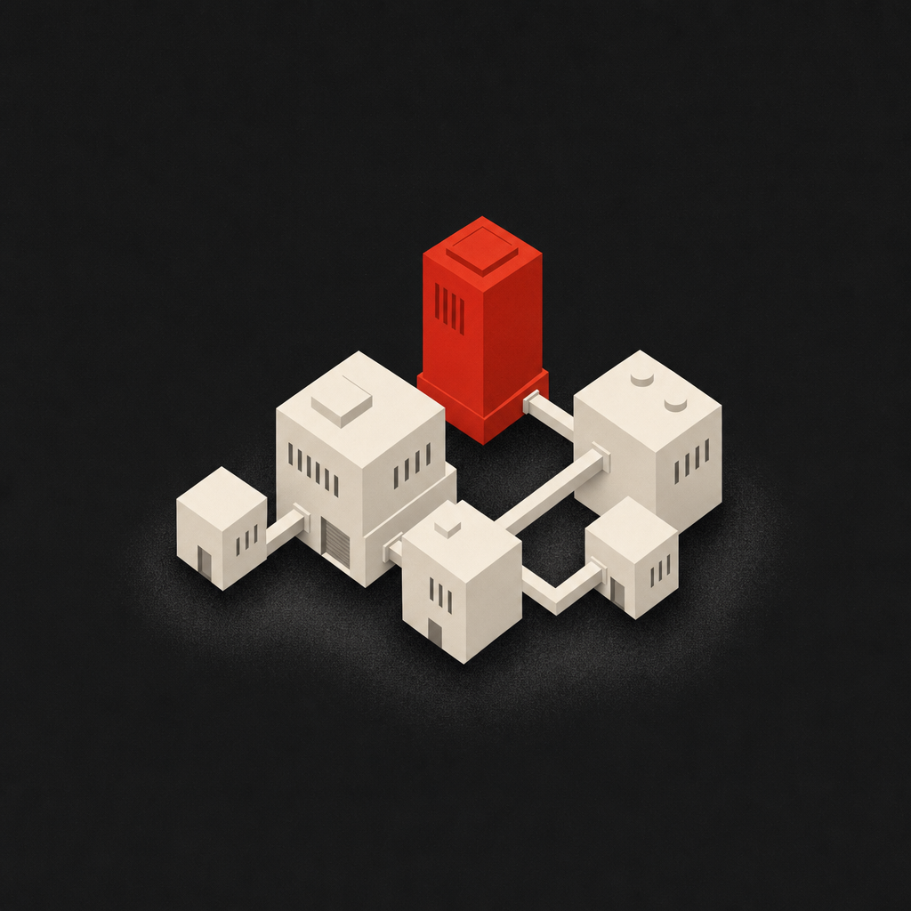 An isometric cluster of connected modules forming a small plant, the tallest module in Rangle red