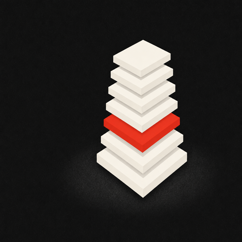 An isometric stack of layered slabs, one layer in Rangle red