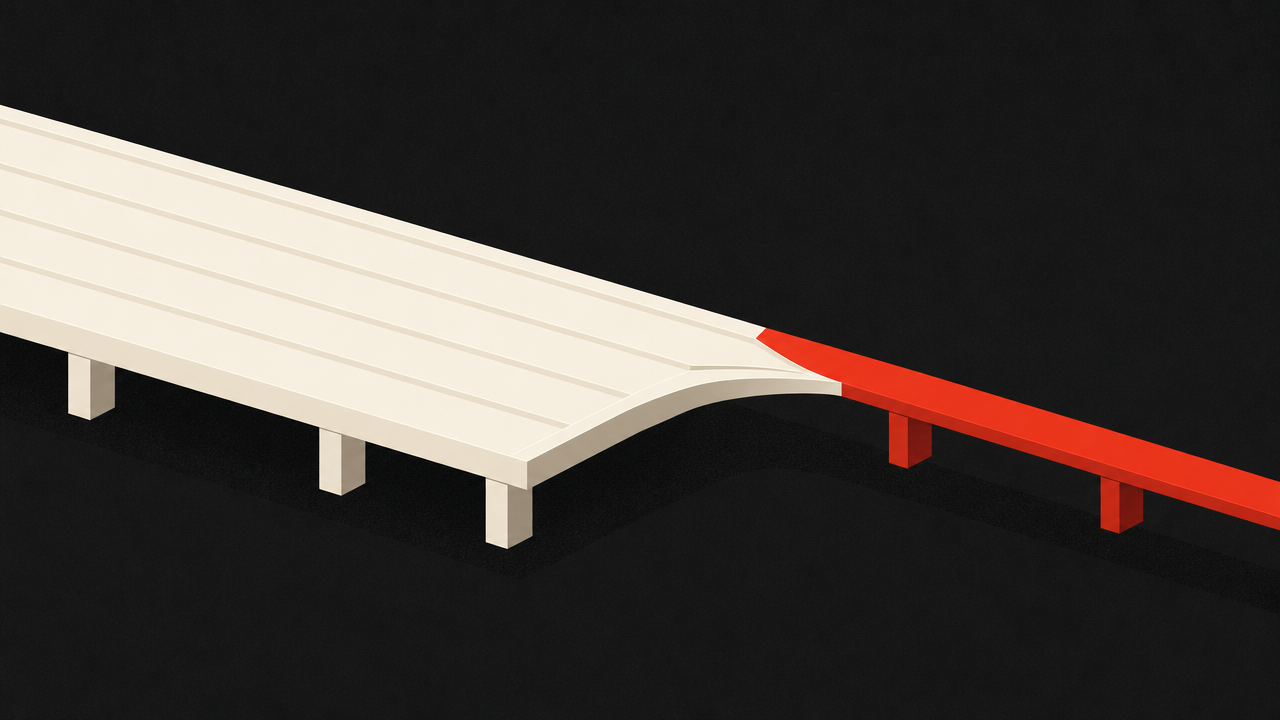 Isometric illustration on a near-black background: a wide multi-lane cream roadway raised on piers sweeps in from the left and narrows sharply into a single slim red-orange ramp that carries on to the right.