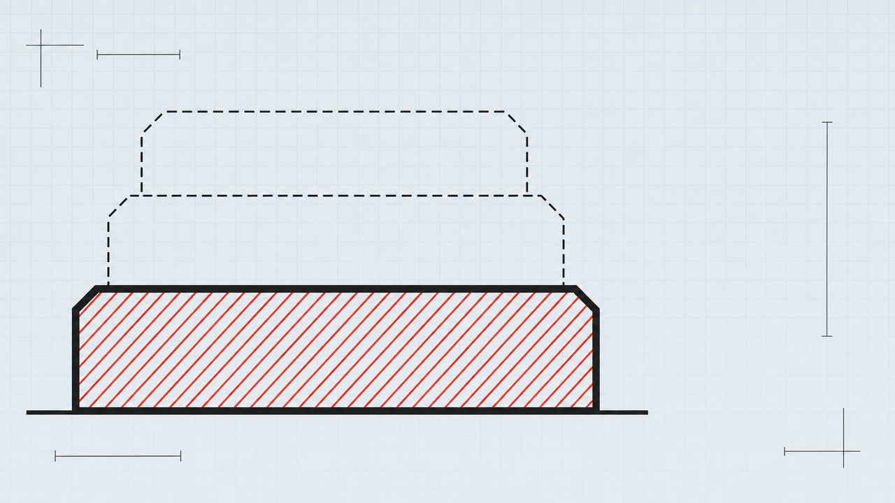Architectural blueprint illustration on pale graph paper: a three-layer infrastructure stack drawn as wide horizontal strata, the bottom foundation layer outlined in bold charcoal and filled with red-orange diagonal hatching, with the two layers above it drawn as clearly visible dashed outlines, hollow and unowned.