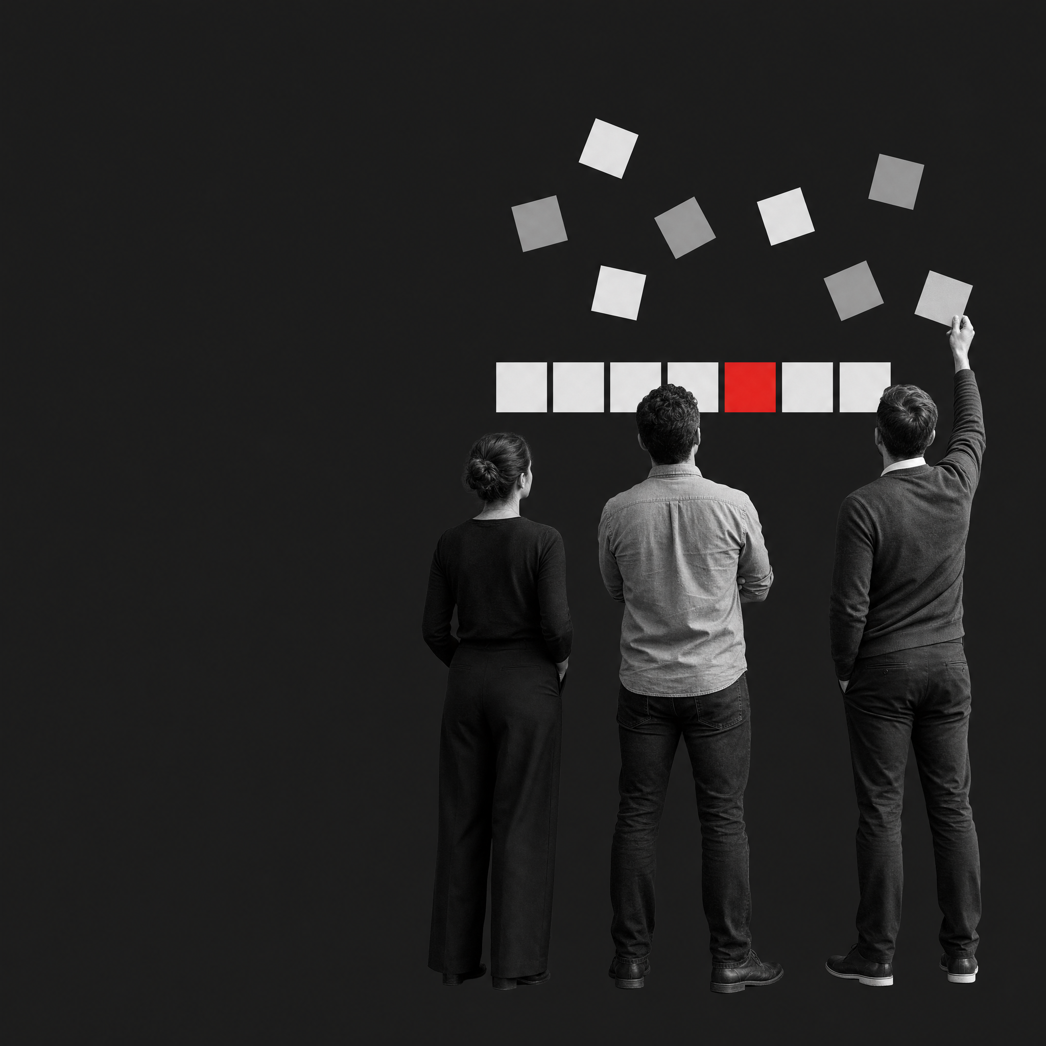 Three people aligning scattered cards into a single row on a wall