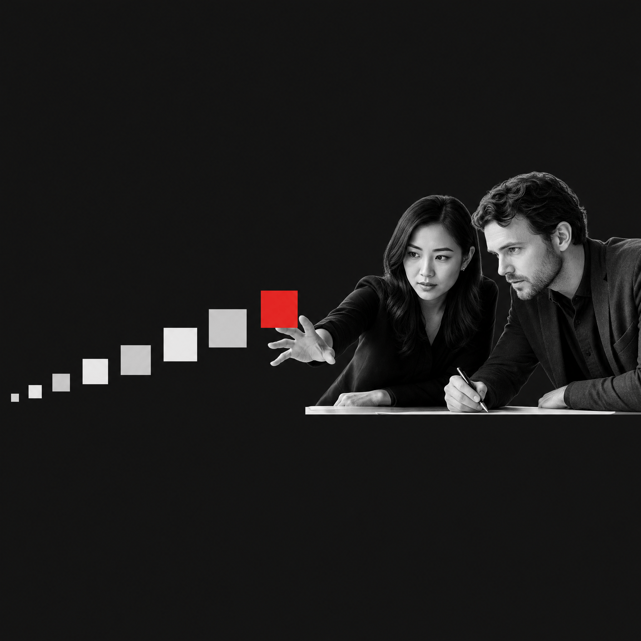 Two people building momentum behind a new product, shown as a rising run of blocks
