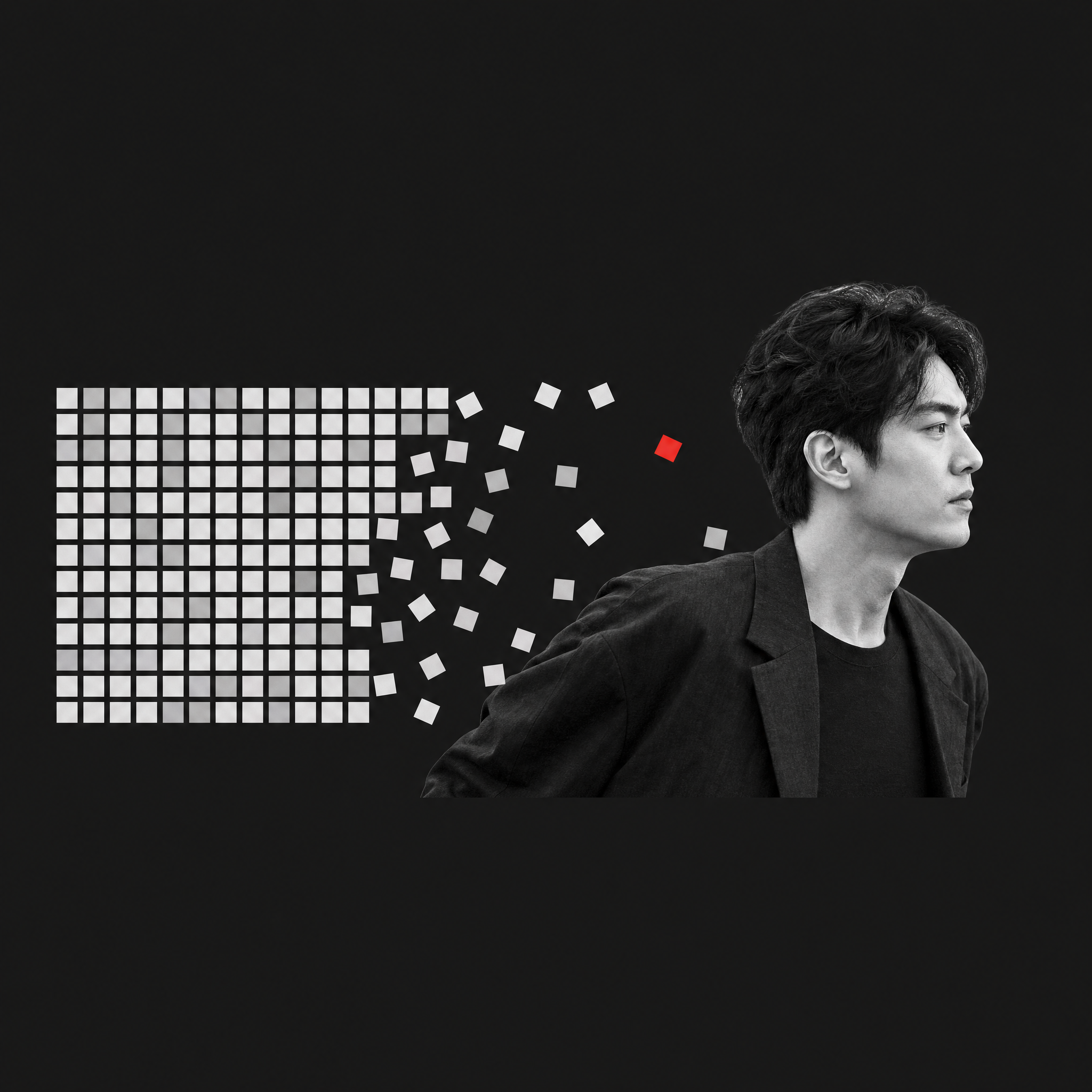 A person moving away from a rigid grid that is breaking apart behind them