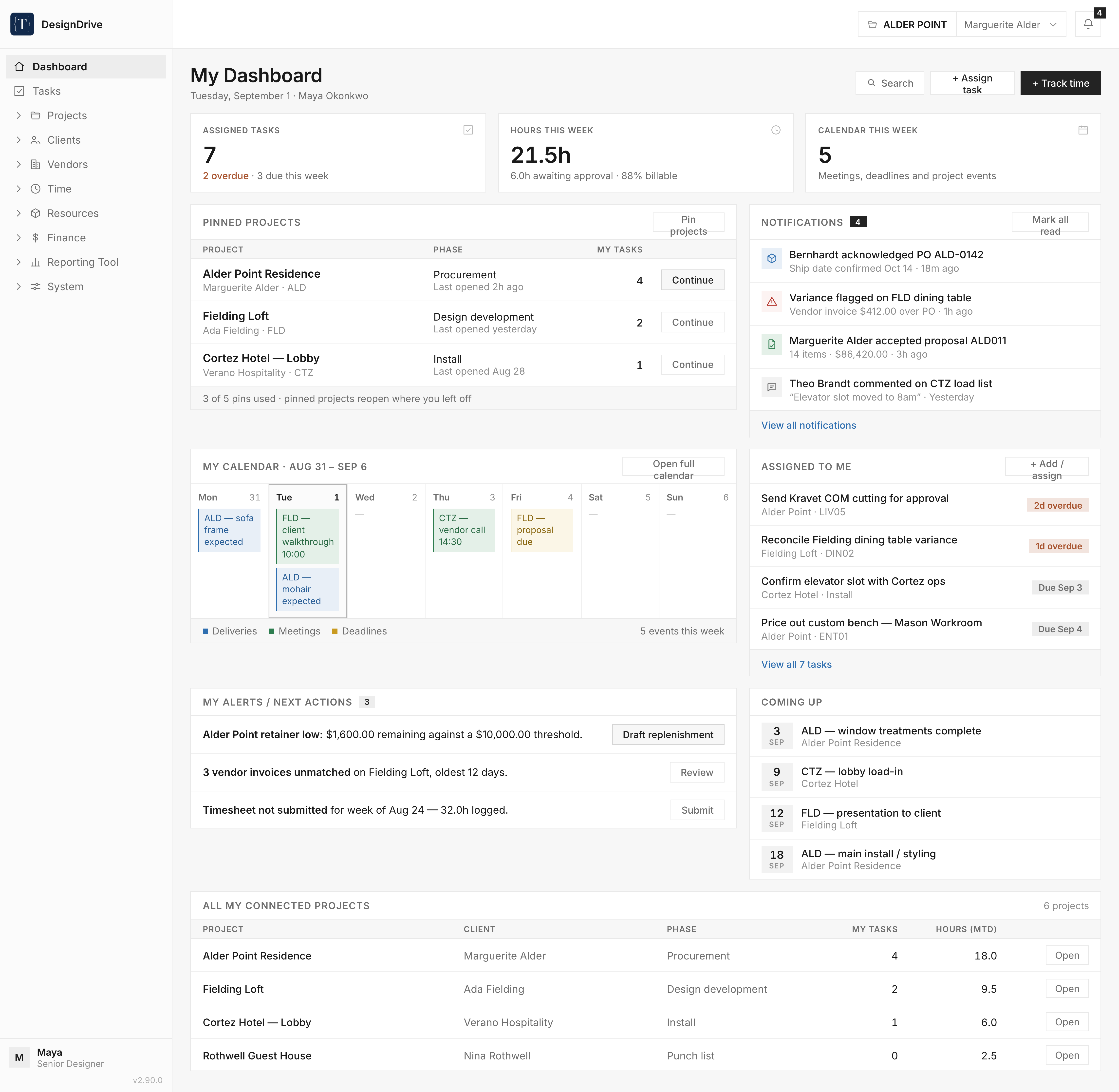 A designer's own dashboard in DesignDrive. Summary cards report assigned tasks with an overdue count, hours logged this week with the share awaiting approval and the billable percentage, and the number of calendar events this week. Panels below list pinned projects with their phase, notifications of vendor and client activity, a week calendar of deliveries, meetings and deadlines, the designer's assigned tasks with due and overdue flags, alerts for a low client retainer, unmatched vendor invoices and an unsubmitted timesheet, upcoming project milestones, and a table of every project the designer is connected to.