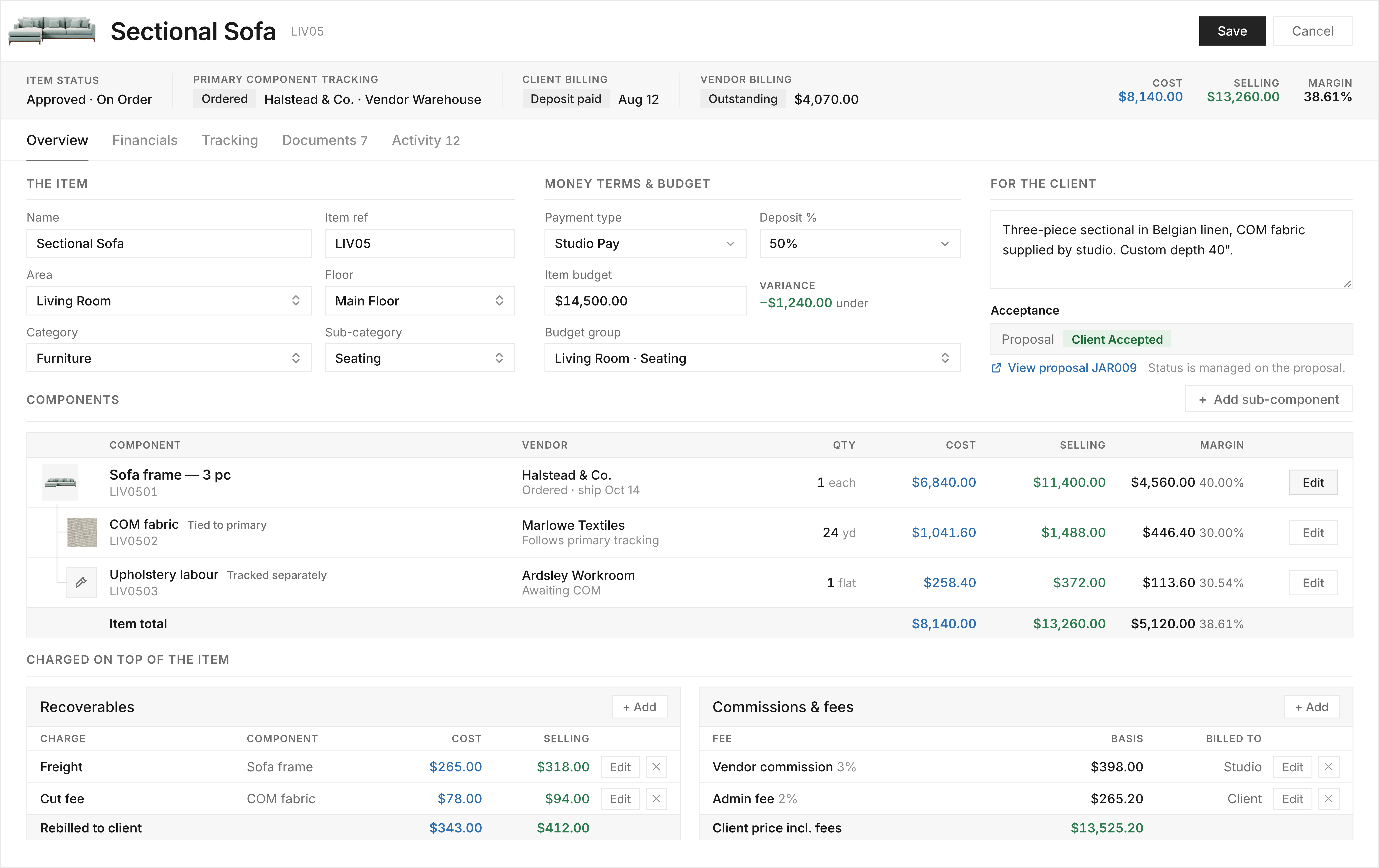 DesignDrive's item worksheet for a sectional sofa. A status strip across the top reports the item's approval and order state, the primary component's tracking state and vendor, the client and vendor billing positions, and the item's cost, selling price and margin. Below it, the item's own fields sit beside money terms showing a budget variance under budget, and a components table breaks the item into sofa frame, COM fabric and upholstery labour, each with its own vendor, quantity, cost, selling price and margin. Recoverable charges and commissions and fees are itemised underneath.