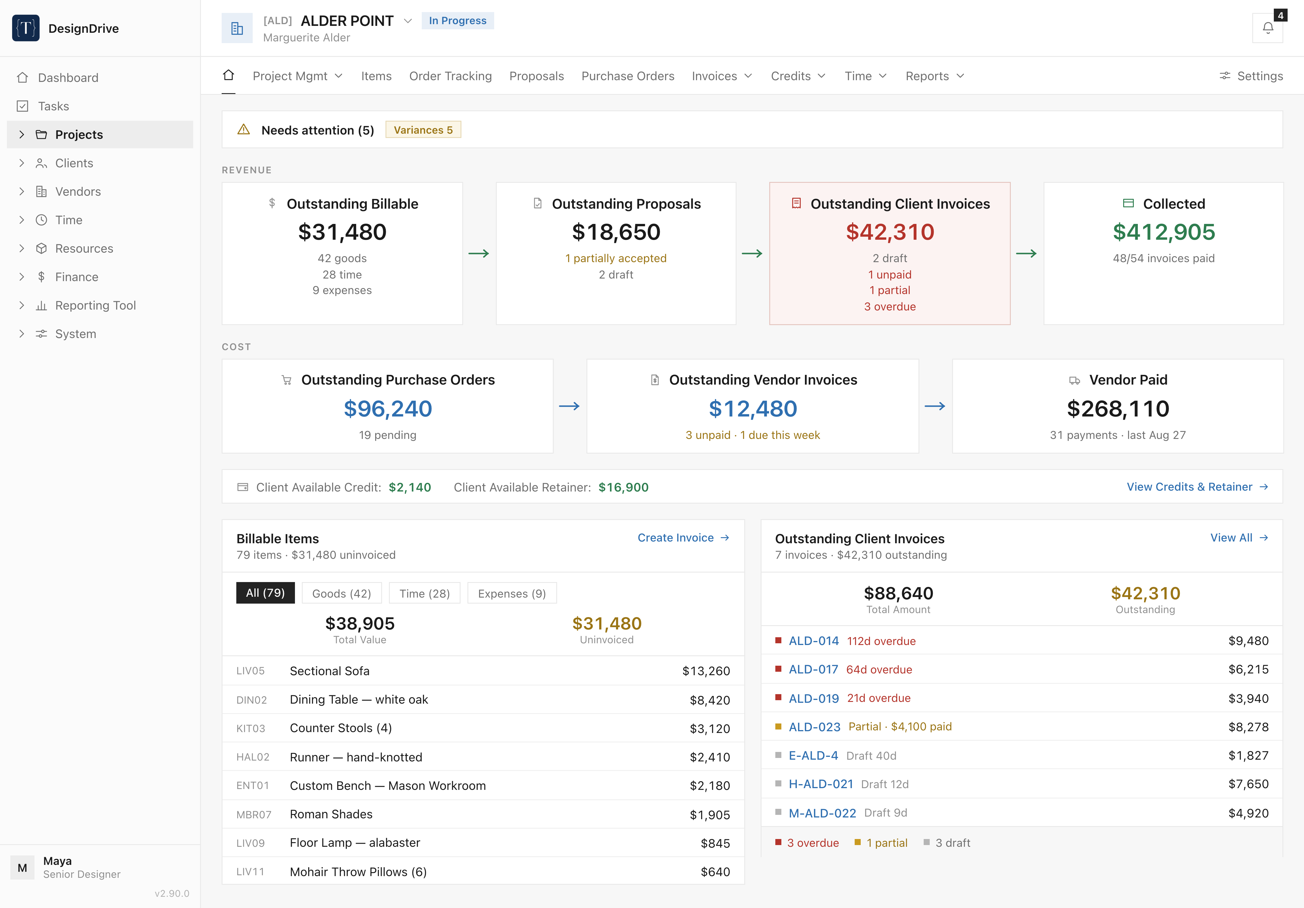 DesignDrive's project dashboard. A needs-attention bar counts the items flagged as variances. Revenue tiles show outstanding billables, outstanding proposals, outstanding client invoices and amount collected; cost tiles show outstanding purchase orders, outstanding vendor invoices and vendor paid, with the client's available credit and retainer on a strip below. Panels below list uninvoiced billable items and outstanding client invoices with their overdue, partial and draft states.