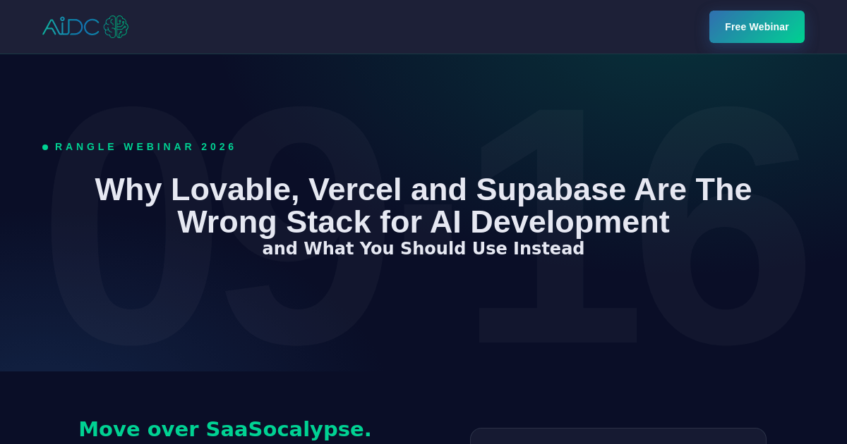AI Dev Craft page header: Why Lovable, Vercel and Supabase Are the Wrong Stack for AI Development, and What You Should Use Instead, over a large faded 09 16.