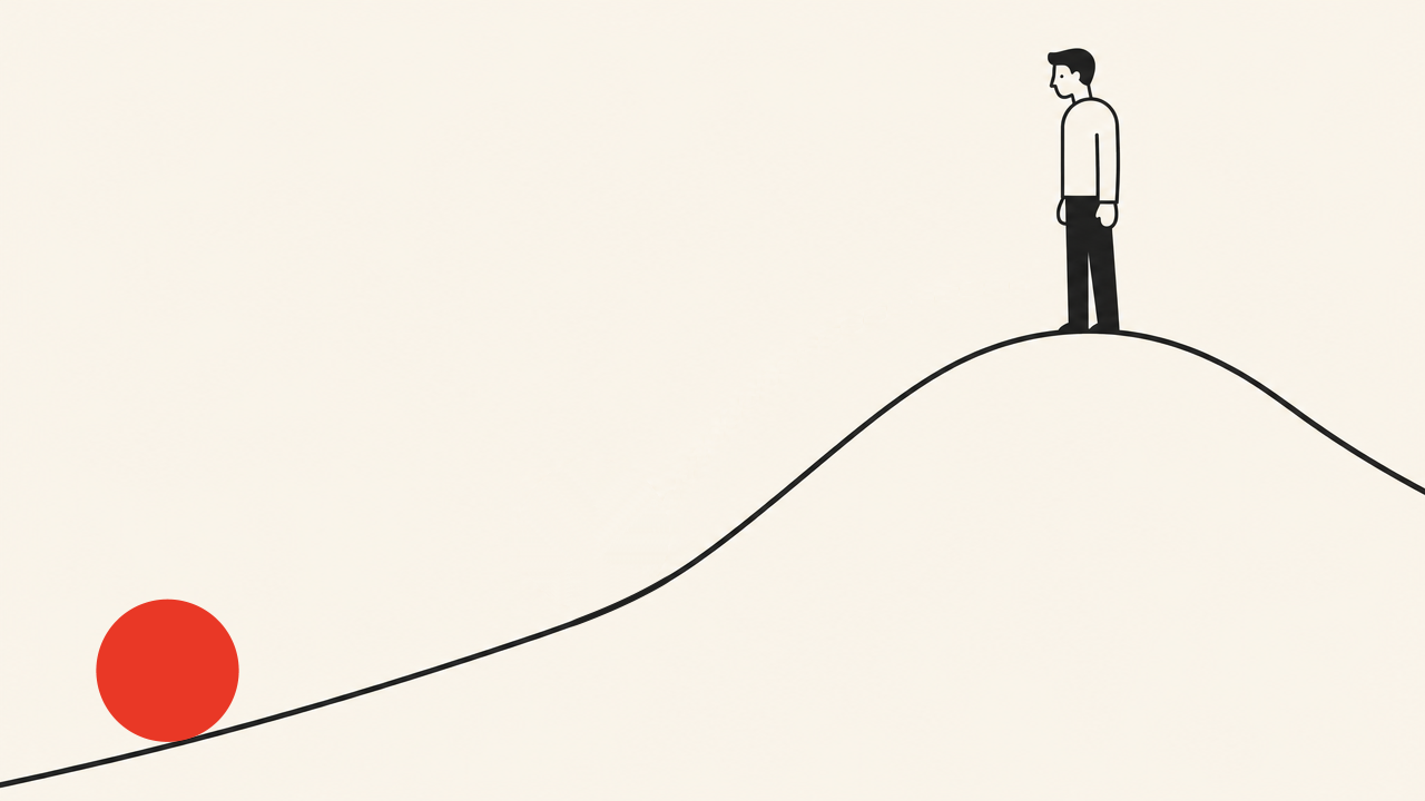 Flat editorial illustration on a cream background: a person stands side-on at the top of a hill and looks down at a red boulder resting at the foot of the slope.