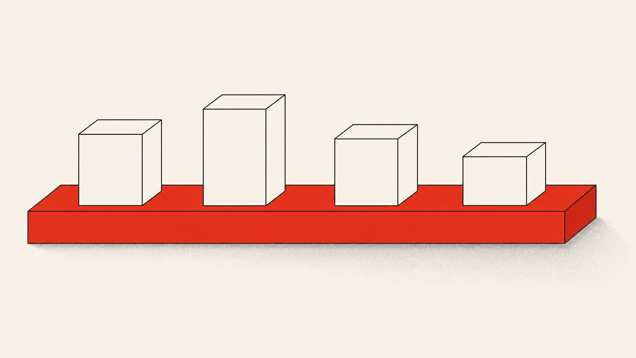 Illustration on a cream background: four blocks of different heights in a row on a long red platform.