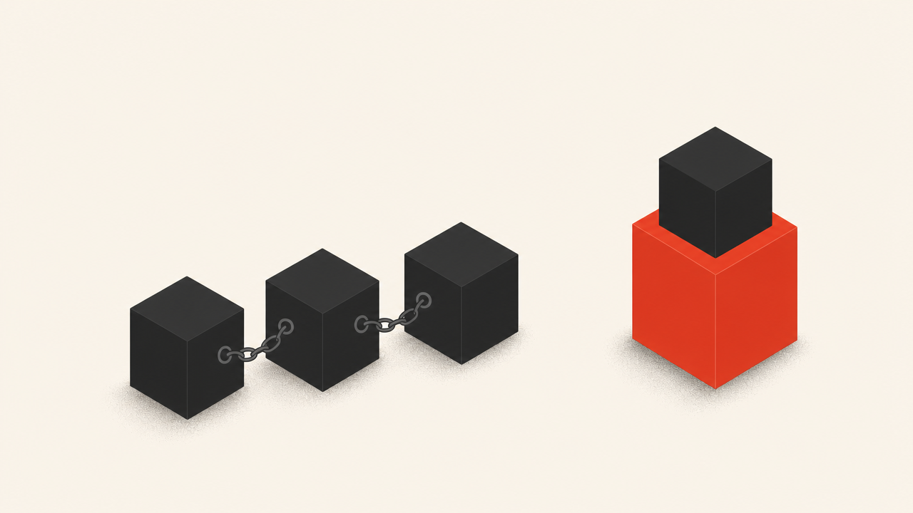 Isometric illustration on a cream field: three black blocks chained together on the left, and a single free-standing red block carrying a black block on the right, representing the choice between leased SaaS lock-in and a stack you own.