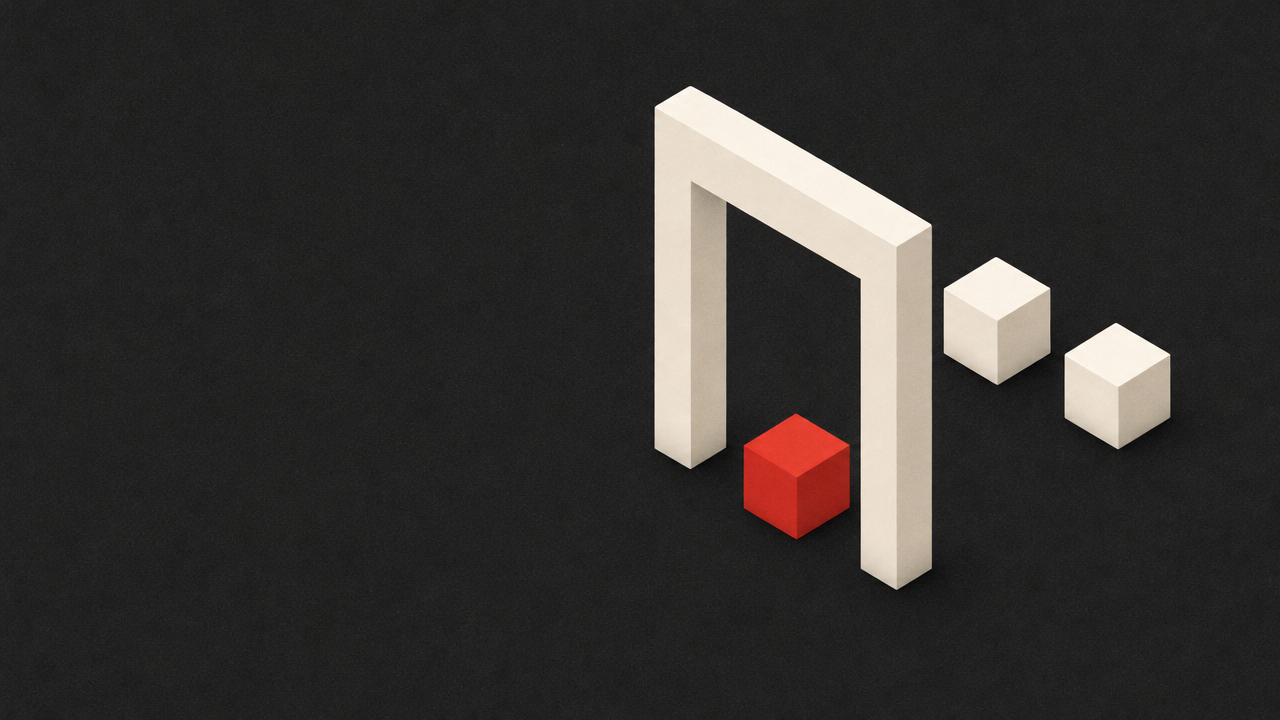 Illustration on a black background: a cream doorway with a red cube standing in its opening and two cream cubes already through it.