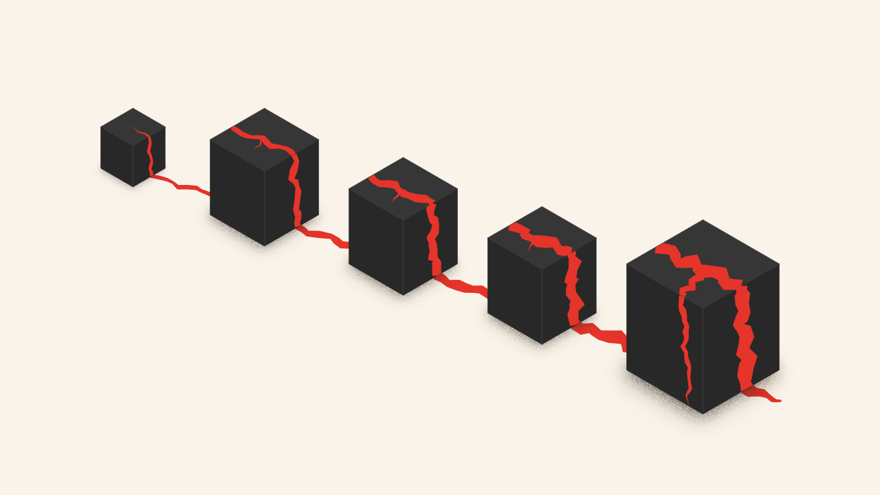 Isometric illustration on a cream field: a red crack starts in a small black block at the upper left, runs through three black blocks in a row, and splits a larger black block at the front.