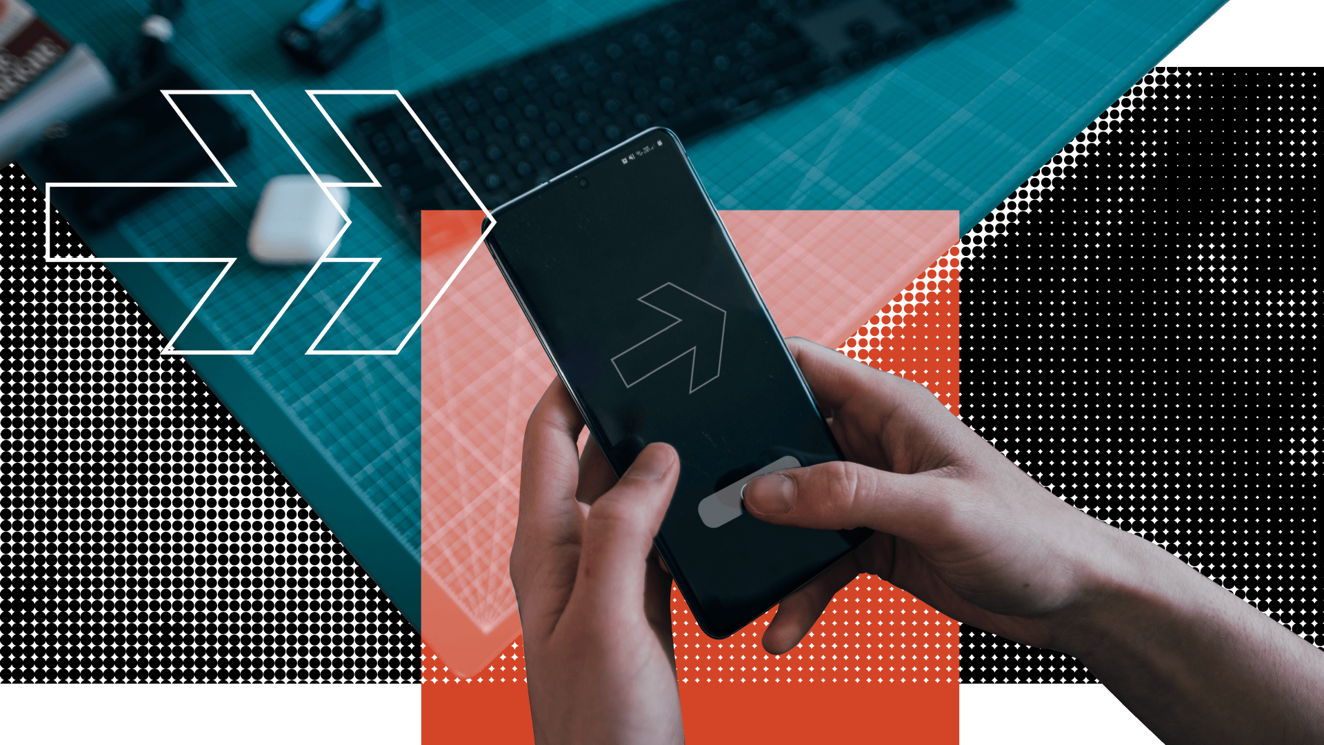 Person holding a phone. Collage.