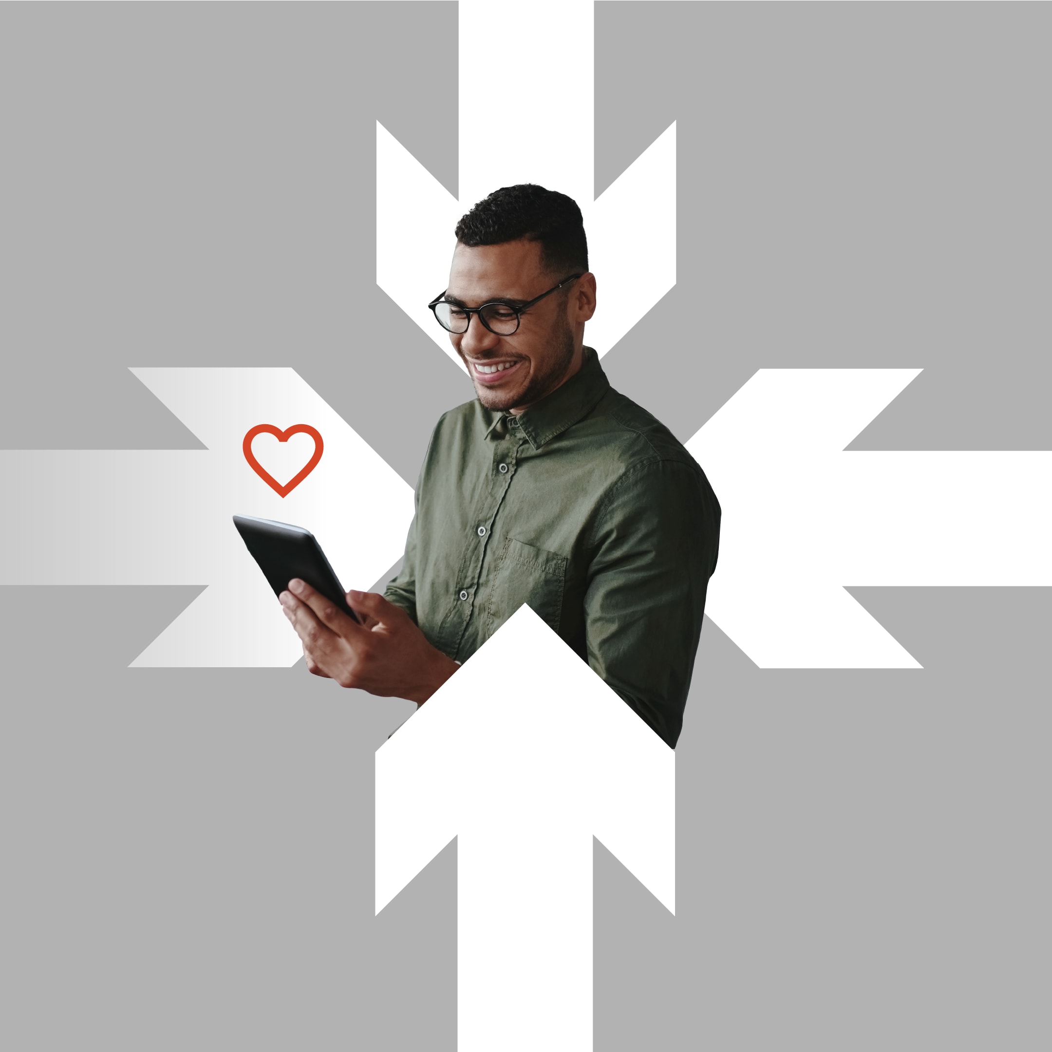 Four arrows pointing towardrds an individual enjoying his device