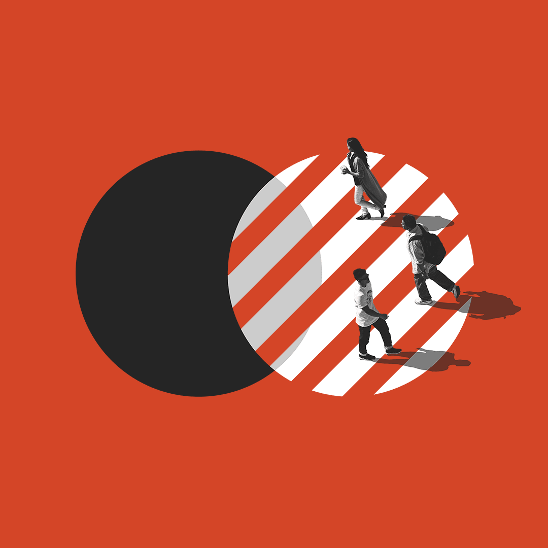Interpretive circles with people walking