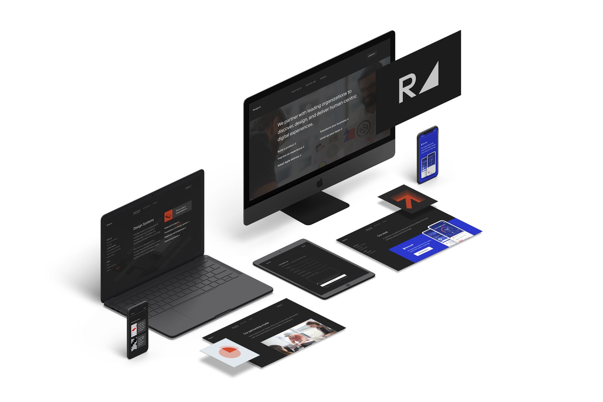 screens of various devices showing Rangle webpages built using Figma