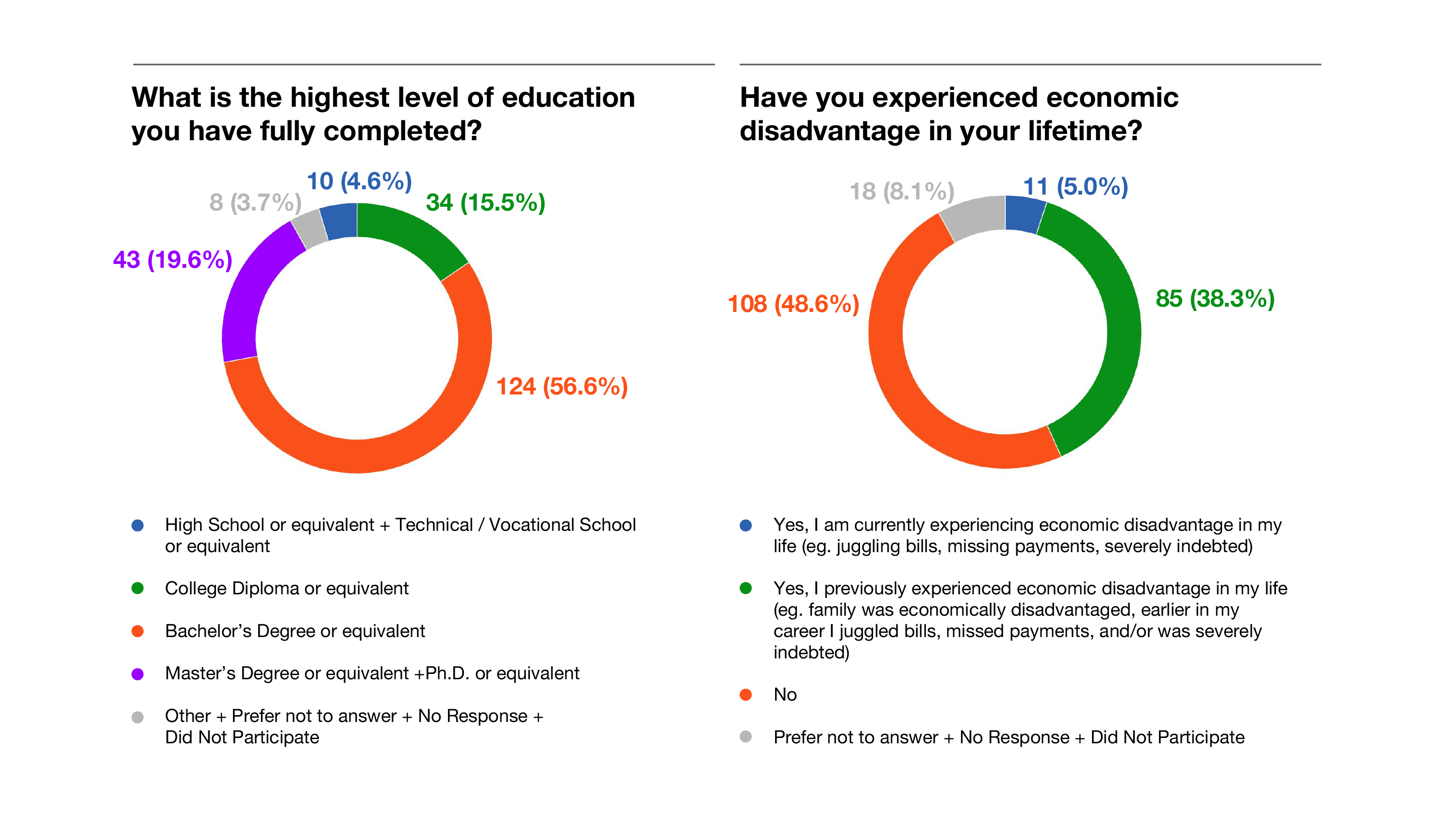 Education Level and Economic Disadvantage Pie Charts